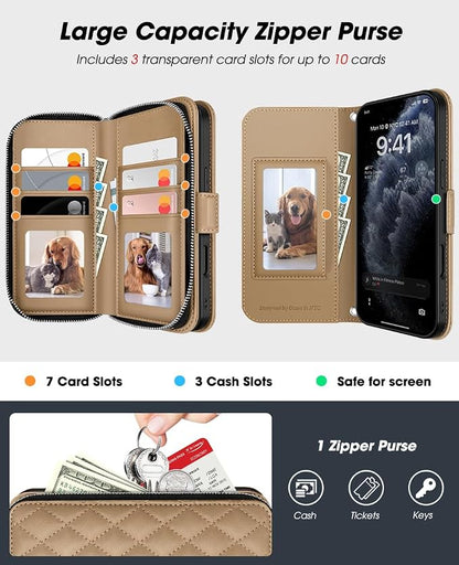 OCASE for iPhone 17 Pro Crossbody Wallet Case - Stylish PU Leather Handbag Phone Purse with Zipper Closure, Card Slots & RFID Blocking - Wrist Strap, Lanyard, Kickstand - Diamond Check Khaki