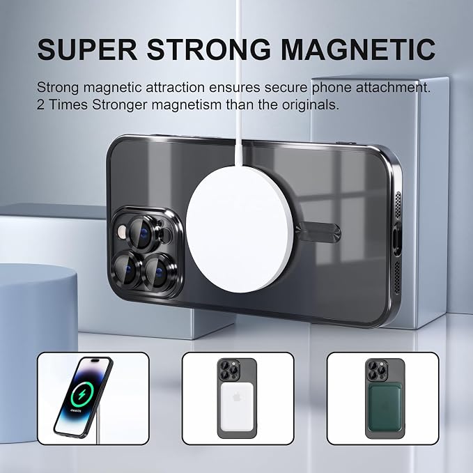 Misea Magnetic for iPhone 14 Pro Case Compatible with MagSafe [Never Yellowing] [Military Grade Drop Protection] Full Camera Lens Protector Plating Soft Clear Phone Case for Women Girls, Black