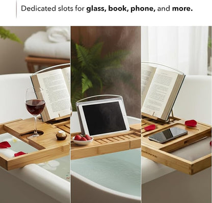 OVENTE Bathtub Tray Caddy, Expandable Bamboo Bath Tray Table, Wooden Tub Board with Books, Tablets, Phone and Wine Glass Holder, Bathroom Accessories and Home Spa Essentials, Wood BTC20228