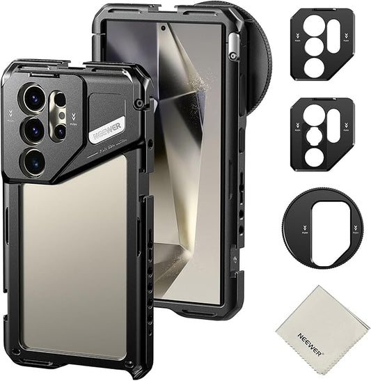 Neewer S24 Ultra Phone Cage with 67mm Filter Adapter, 17mm Lens Backplate, T Mount Lens Adapter, Cleaning Cloth, Smartphone Video Rig Stabilizer Compatible with Samsung Moment T Series Lenses, PA042