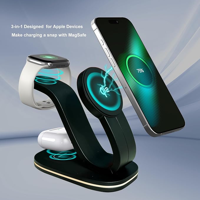 Wireless Charging Station, Qi2 15W 4-in-1 Charger Station for iPhone 17/16/15/14/13/12 Series, Watch Airpods 1-8/Ultra, iPad, AirPods (Black 4 in 1)