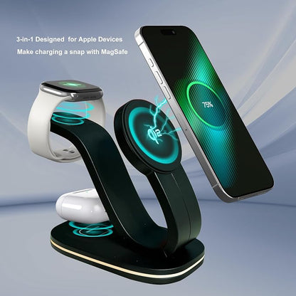 Wireless Charging Station, Qi2 15W 4-in-1 Charger Station for iPhone 17/16/15/14/13/12 Series, Watch Airpods 1-8/Ultra, iPad, AirPods (Black 4 in 1)