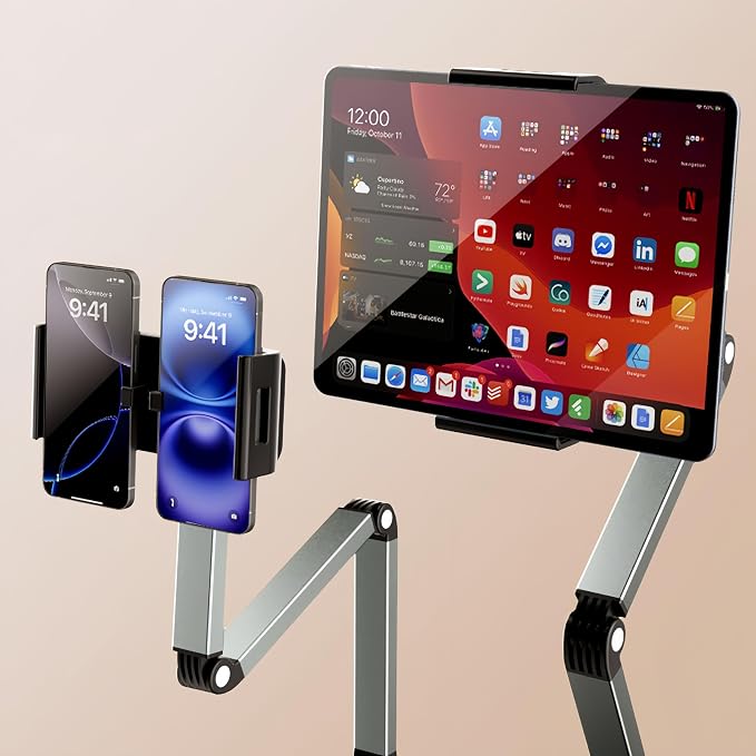 Aluminum Foldable Arm Tablet Stand, 360° Rotatable Phone Holder iPad Stand, Adjustable Tablet Mount for 4.7"-13" iPad, iPhone, Galaxy Tab, Compatible with Desk Bedside Kitchen, Silver