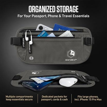 VENTURE 4TH Money Belt for Travel – Hidden Under-Clothes RFID Blocking Passport Holder & Slim Travel Wallet Pouch for Men & Women to Protect Cash, Cards & Documents (Gray)
