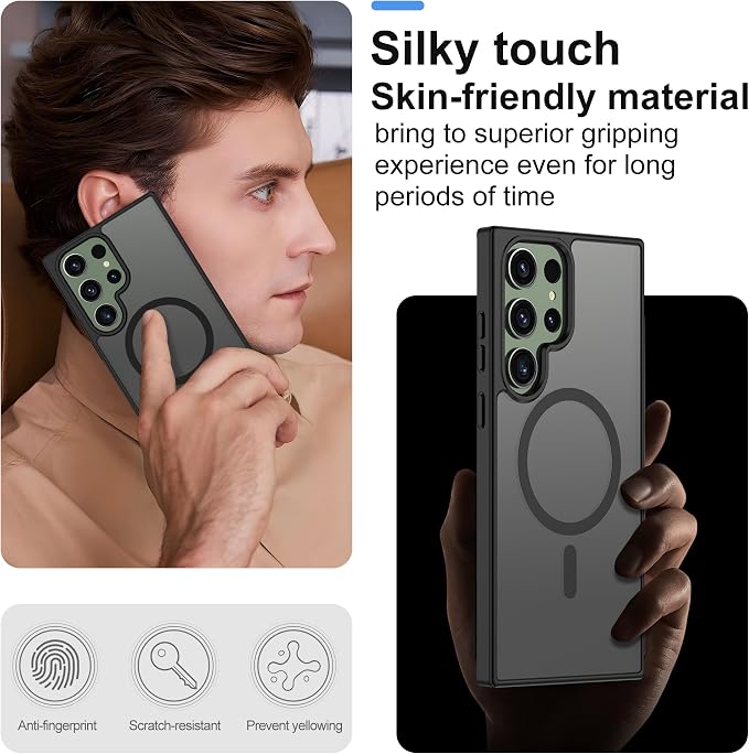 For Samsung Galaxy S23 Ultra Case [Compatible with Magsafe] Translucent Matte Magnetic S23 Ultra Phone Case,SlimThin Duty Shockproof Protection Cover with 2pc HD Screen Protector for S23 Ultra-Black