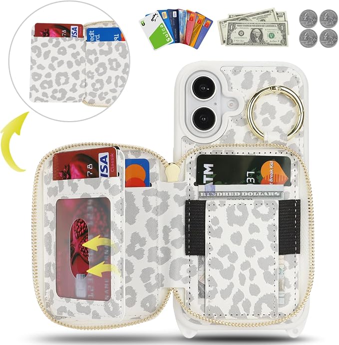 Crossbody Wallet Case for iPhone 17, PU Leather Zipper Handbag Purse Flip Cover, Kickstand Folio Case with Card Slots Holder Wrist Strap Lanyard 5G 6.3 Inch-White Leopard