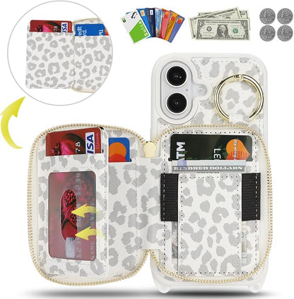 Crossbody Wallet Case for iPhone 17, PU Leather Zipper Handbag Purse Flip Cover, Kickstand Folio Case with Card Slots Holder Wrist Strap Lanyard 5G 6.3 Inch-White Leopard