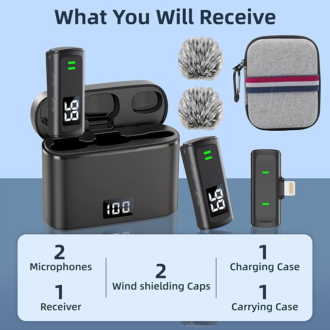 Wireless Lavalier Microphone for iPhone 14/13/12/11, Mini Phone Microphone for Video Recording, Vlogging, Live Streaming with Noise Cancellation, 35H Charging Case, 75FT Transmission