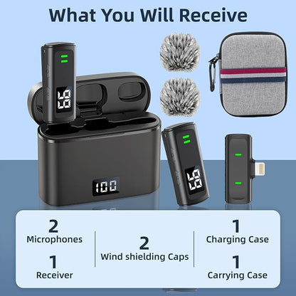 Wireless Lavalier Microphone for iPhone 14/13/12/11, Mini Phone Microphone for Video Recording, Vlogging, Live Streaming with Noise Cancellation, 35H Charging Case, 75FT Transmission