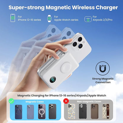 6 in 1 Magnetic Portable Charger for iPhone with Built-in Cables, 10800mAh 25W PD Fast Charging Power Bank, 6 Outputs Travel Essential Battery Pack for iPhone 17/16/15/14/13/12,Apple Watch (White)