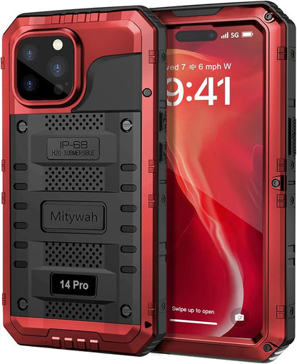 Mitywah Waterproof Case for iPhone 14 Pro, Heavy Duty Shockproof Case with Built-in Screen Protector, Full Body Underwater Protective Metal Case 6.1 inch, Red