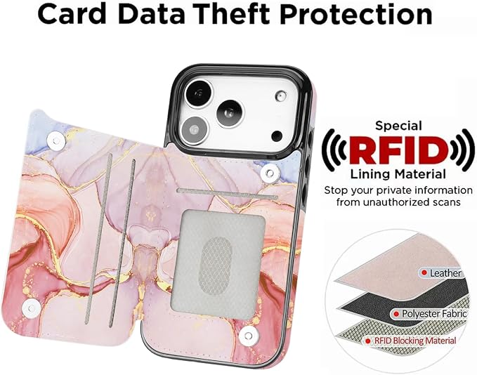 uCOLOR for iPhone 17 Pro Wallet Case with Card Holder PU Leather RFID Blocking Design iPhone 17 Pro flip case for Women Men Magnetic Clasp Kickstand Design 6.3 inch (Pink Purple Marble)