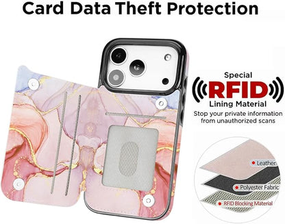uCOLOR for iPhone 17 Pro Wallet Case with Card Holder PU Leather RFID Blocking Design iPhone 17 Pro flip case for Women Men Magnetic Clasp Kickstand Design 6.3 inch (Pink Purple Marble)
