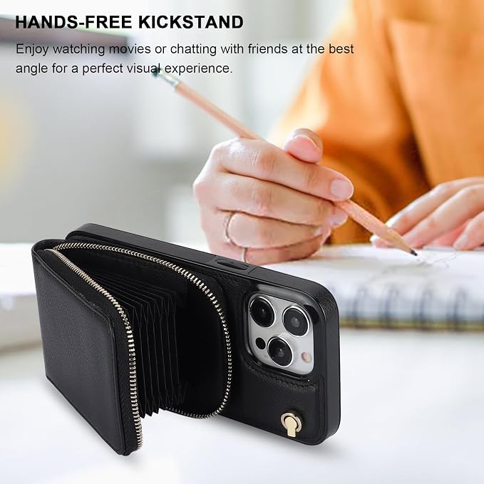 KIHUWEY Crossbody Wallet Case for iPhone 15 Pro Max, Zipper Pocket Case with Card Holder, PU Leather RFID Blocking Protective Cover with Kickstand and Detachable Wrist Strap Lanyard, 6.7" (Black)