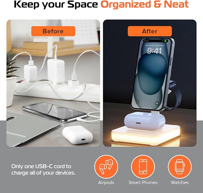 Spracht Flex Charge 4, 4-in-1 Wireless Charging Stand | 25W Fast Charger, Magnetic Connection -Works for Smartphone, Watch, Ear Buds, Qi-Enabled Devices | Nightlight, Magnetic Charging Stand (White)