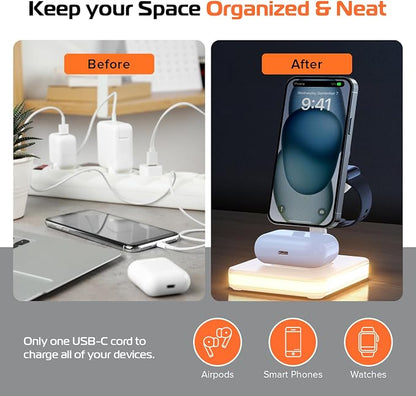 Spracht Flex Charge 4, 4-in-1 Wireless Charging Stand | 25W Fast Charger, Magnetic Connection -Works for Smartphone, Watch, Ear Buds, Qi-Enabled Devices | Nightlight, Magnetic Charging Stand (White)