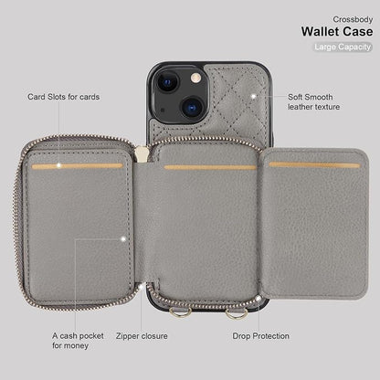 Bocasal Crossbody Wallet Case for iPhone 13, RFID Blocking PU Leather Zipper Handbag Purse Flip Cover, Kickstand Folio Case with Card Slots Holder Wrist Strap Lanyard 5G 6.1 Inch (Grey)