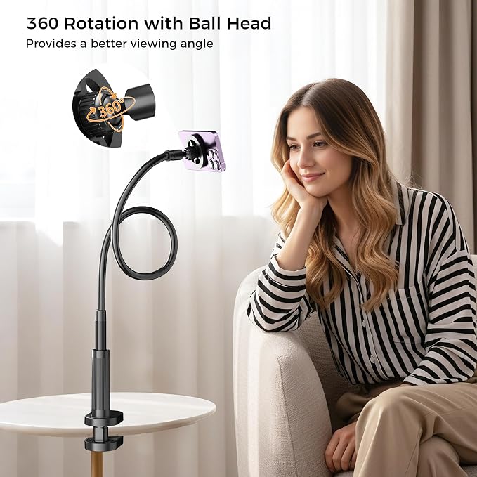 Gooseneck Phone Holder for Bed Laying Dowm, Magnetic Cell Phone Stand for Desk Headboard Bedside, Flexible Long Arm Mount Bracket Compatible with iPhone 17 16 15 14 13 12.
