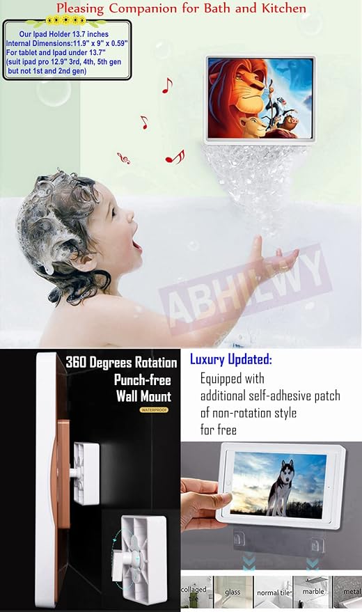 Shower Tablet Holder Waterproof Compatible with Ipad, Wall Mounted Bathroom Tablet Case Rotation,Adhesive Touchable Cradle with Glass Mirror Anti-Fog Screen for Kitchen 12.9 inches Luxury
