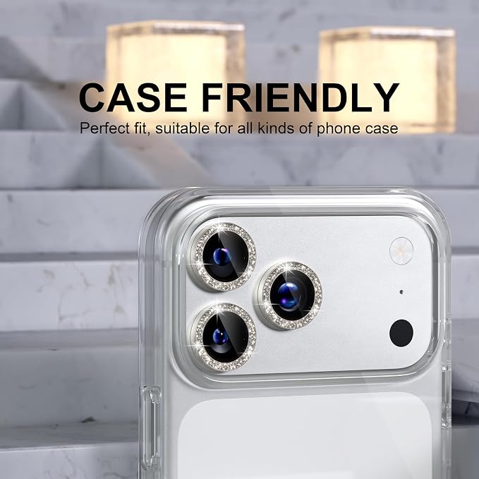 Choiche Compatible for iPhone 17 Pro/iPhone 17 Pro Max Camera Lens Protector Bling, 9H Tempered Glass Camera Cover Screen Protector Metal Ring Decoration Accessories (Glitter-Titanium Natural)