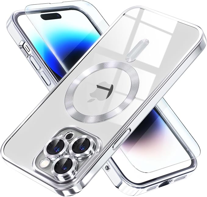 Misea Magnetic for iPhone 14 Pro Max Case Compatible with MagSafe [Never Yellowing] [Military Grade Drop Protection] Full Camera Lens Protector Plating Soft Clear Phone Case for Women Girls, Silver
