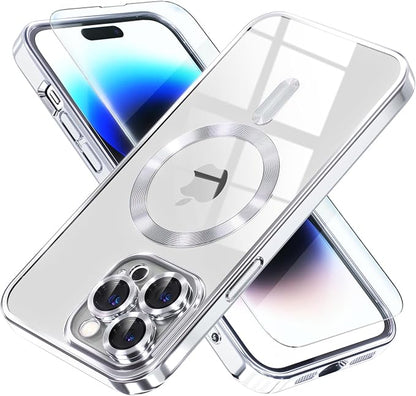 Misea Magnetic for iPhone 14 Pro Max Case Compatible with MagSafe [Never Yellowing] [Military Grade Drop Protection] Full Camera Lens Protector Plating Soft Clear Phone Case for Women Girls, Silver
