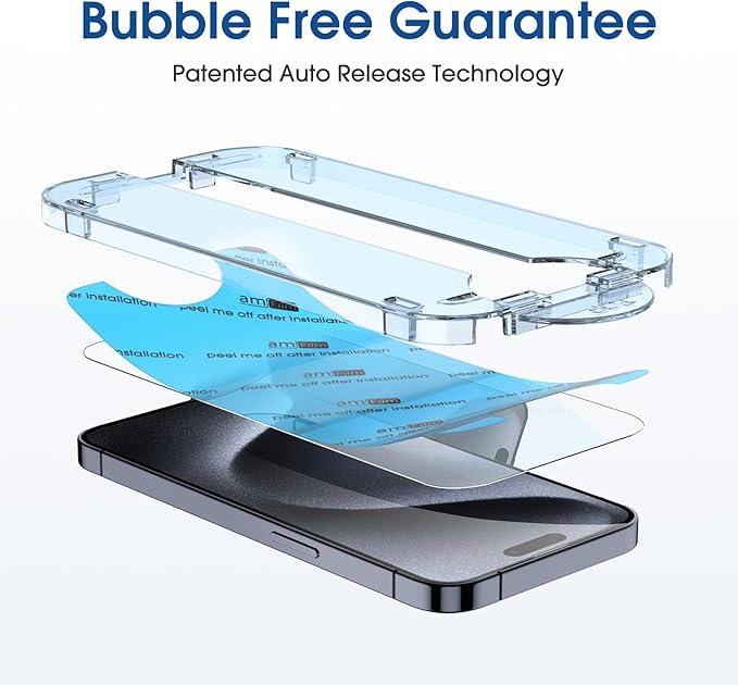 amFilm OneTouch 2+2 Pack Compatible with iPhone 15 Pro Screen Protector 6.1" Tempered Glass with Camera Lens Protector Accessories, Premium Easiest Installation Kit 9H HD, Case Friendly