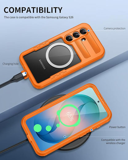 Lanhiem Magnetic for Samsung Galaxy S26 Case, IP68 Waterproof Dustproof Case, [Compatible with Magsafe] [Built-in Screen Protector] Full Body Heavy Duty Rugged Phone Cover 6.3 inch, Cosmic Orange