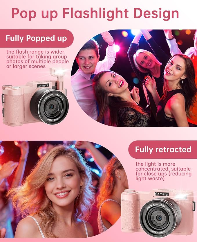 FLATIC 5K Digital Camera with WiFi, Cameras for Photography with 180°Flip Screen, Vlogging Camera with 64GB Card, Battery, Camera for Beginner, Teens