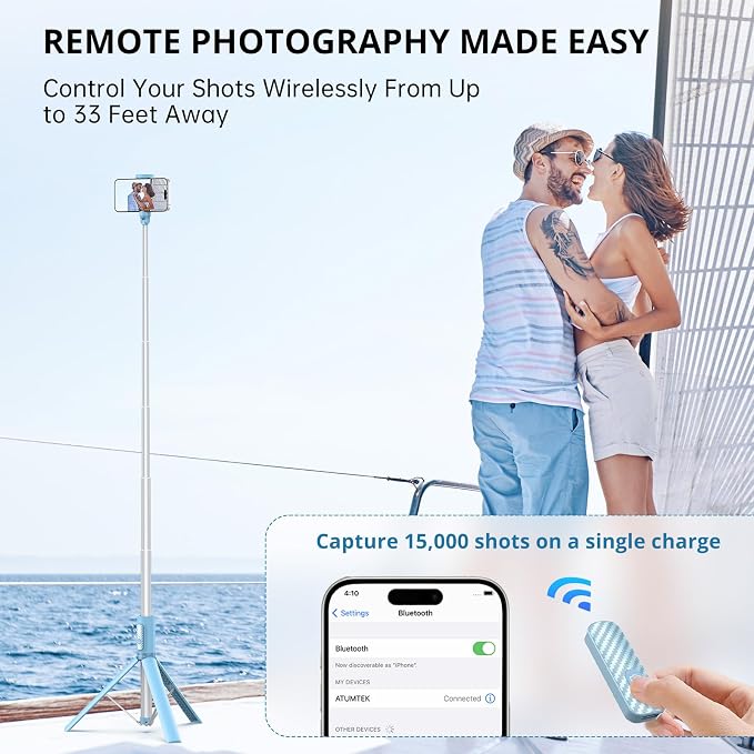 ATUMTEK 55" Selfie Stick Tripod, All-in-one Extendable Aluminum Phone Tripod with Rechargeable Bluetooth Remote for iPhone and More, Fit 4.7-7 inch Smartphones, Blue