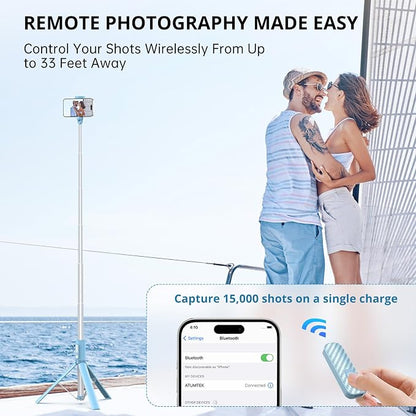 ATUMTEK 55" Selfie Stick Tripod, All-in-one Extendable Aluminum Phone Tripod with Rechargeable Bluetooth Remote for iPhone and More, Fit 4.7-7 inch Smartphones, Blue