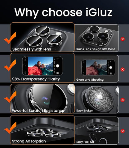 iGluz 2 Pack 9H Tempered Glass Camera Lens Protector for iPhone 15 Pro/15 Pro Max - 1-Step Installation Tray, Anti-Reflection, Scratch & Shatterproof, Black Titanium
