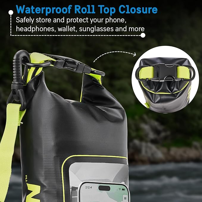 Pelican Marine IP68 Waterproof Dry Bag 2L - Roll Top Waterproof Backpack w/Phone Case/Pouch - Boating & Kayak Accessories - Essentials for Camping Swimming Beach Fishing Rafting Travel - Black/Yellow