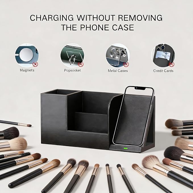 LADSTAG Makeup Brush Holder Organizer, Leather Makeup Brush Cup with Phone Charging Stand for Cosmetics, Nail Polish, Lipstick & Art Supplies – Vanity Desktop Bathroom Organizer