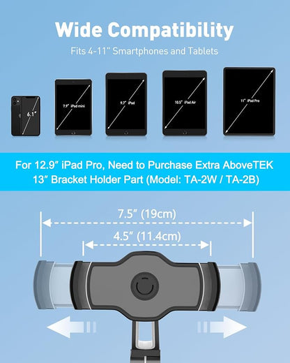 AboveTEK iPad Suction Mount, Phone Tablet Stand Holder with Suction Cup Fits 4"-11" Tablet/Phone/iPad mini/Air, Sticky iPads Mount on Window Bathroom Mirror, for Car Truck Windshield Boat (Black)