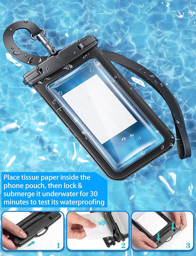 Famoby 4 Pack IP68 Waterproof Phone Pouch (2 Pack Floating and 2 Pack Sinking Waterproof Phone Pouch) Adjustable Neck Lanyard Dry Bag for Apple iPhone,Samsung,and up to 8.5" Black,White