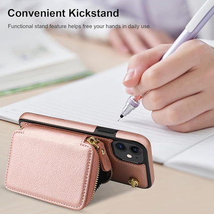 Bocasal Crossbody Wallet Case for iPhone 11, RFID Blocking Leather Purse Case with Card Holder, Protective Handbag Flip Cover with Zipper Wrist Strap Lanyard for Women 6.1 Inch (Rose Gold)