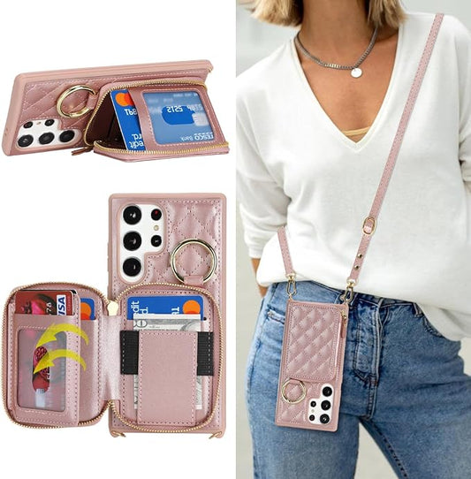 Crossbody Wallet Case for Galaxy S23 Ultra, PU Leather Zipper Handbag Purse Flip Cover, Kickstand Folio Case with Card Slots Holder Wrist Strap Lanyard -Rose Gold