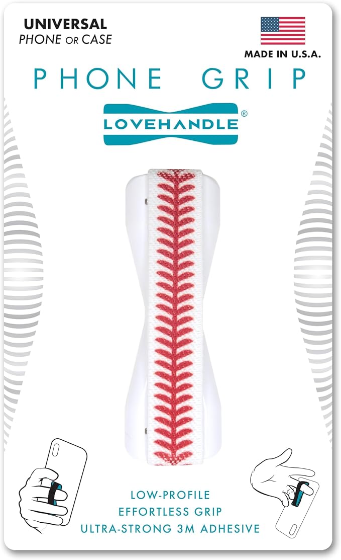 LOVEHANDLE Universal Phone Grip for Smartphones & Mini Tablets - Phone Holder for Hand - Wireless Charging Compatible - Made in The USA - Baseball