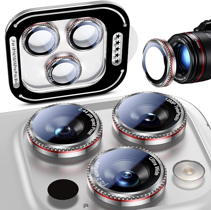 Uyiton for iPhone 17/16/15/14 (Pro Max & Pro) Camera Lens Protector - [Case-Friendly][Ultra-Thin] Military-Grade Tempered Glass Metal Camera Cover, Easy to Install, Gearwheel Silver+Red