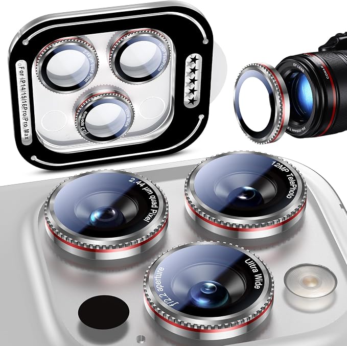 Uyiton for iPhone 17 Pro Max/17 Pro/16 Pro Max/16 Pro/15 Pro Max/15 Pro/14 Pro Max/14 Pro Camera Lens Protector - Military-Grade Tempered Glass Metal Camera Cover,Easy to Install, Gearwheel Silver+Red