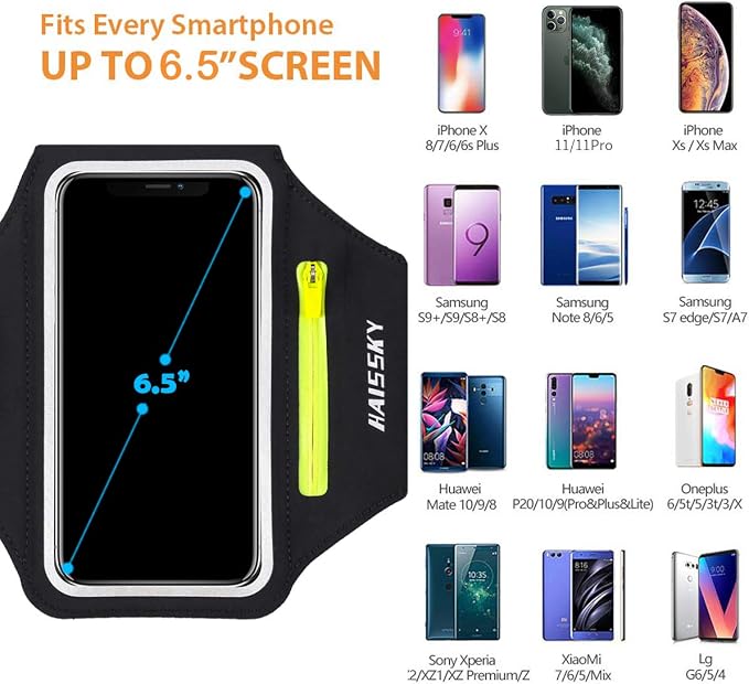 Running Armband with Earphone Bag Cell Phone Armband for iPhone 17 16 15 Pro 14 Plus 13 11 XR, Galaxy S24/S10 Water Resistant Sports Phone Holder Case & Zipper Slot Car Key Holder for 6.7 inch Phone