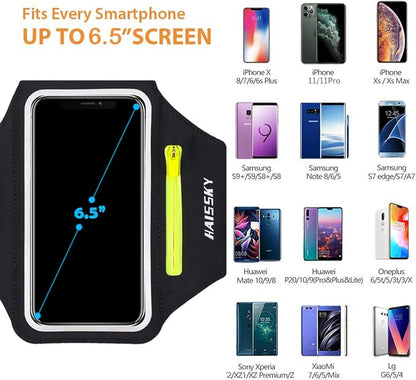 Running Armband with Earphone Bag Cell Phone Armband for iPhone 17 16 15 Pro 14 Plus 13 11 XR, Galaxy S24/S10 Water Resistant Sports Phone Holder Case & Zipper Slot Car Key Holder for 6.7 inch Phone