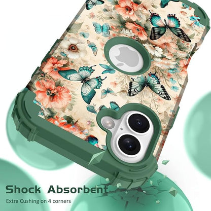 Hocase for iPhone 16 Plus Case 6.7", Heavy Duty Shockproof Protection Soft Silicone Rubber+Hard Plastic Bumpers Hybrid Protective Case for iPhone 16 Plus 2024 - Teal Green Butterflies
