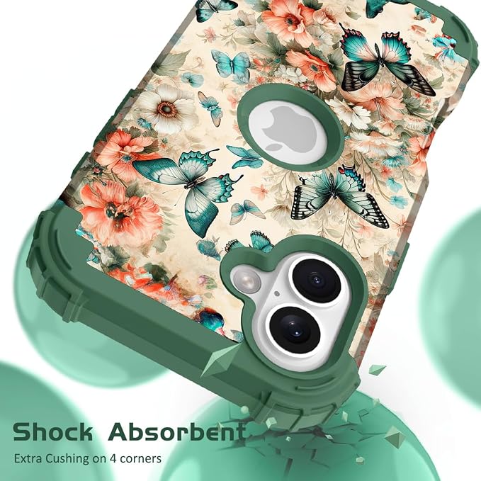 Hocase for iPhone 17 Case 6.3", Heavy Duty Shockproof Protection Soft Silicone Rubber+Hard Plastic Bumpers Hybrid Protective Case for iPhone 17 2025 - Teal Green Butterflies