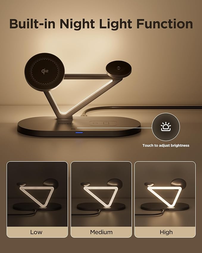 PISEN Mag-Safe Wireless Charger Stand - 3-in-1 Wireless Charging Station, Qi2 Certified 15W Mag-Safe Wireless Charger Stand with Night Light for iPhone 17/16/15/14/13/12 Series, Apple Watch, AirPods