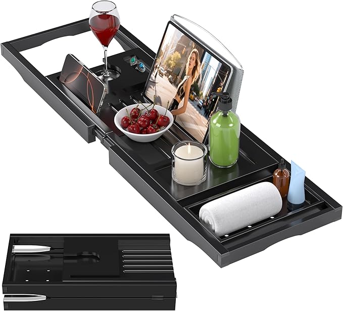 Foldable Bathtub Caddy Tray for Tub,Bamboo Expandable Bath Table Trays,Premium Bathroom Accessories for New Home & Mothers Day & Birthday Gifts for Couples,Black