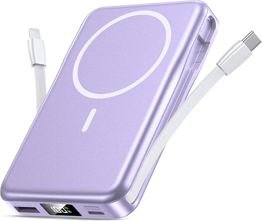 Magnetic Portable Charger, 10000mAh Power Bank, 5 in 1 Portable Charger with Built in Cable, 20W Fast Charging for Magsafe Battery Pack Compatible with iPhone 17/16/15/14/13/12 Pro/Pro Max-Lavender
