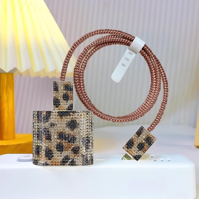 Glitter Phone Charger Case Storage Sets Wire Saver Cable Protector with Brown Travel Storage Bag, Luxury Bling Cable Charger Protector Cord Organizer for iPhone (Leopard)