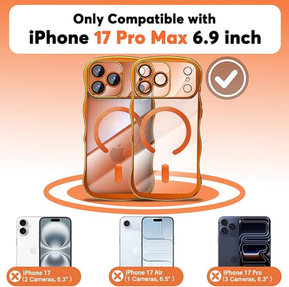 Misscase Designed for iPhone 17 Pro Max Case 6.9",with Privacy Screen Protector*1,Cute Wave Frame Case with Camera Lens Protector,Compatible with MagSafe Plating Bling for Women Orange